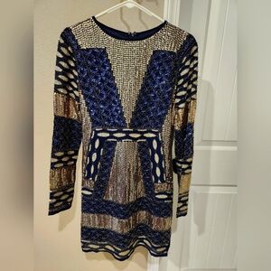 Endless Rose Blue and Gold Long Sleeve Sheath Dress for Night Out